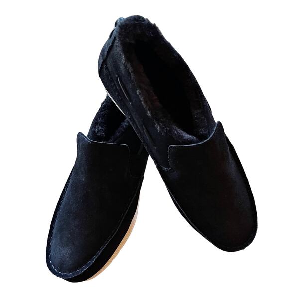 SPERRY Moc-Sider Black Suede Moccasin Faux Fur Lining Men Loafers Comfort 12 NWT - Picture 2 of 15